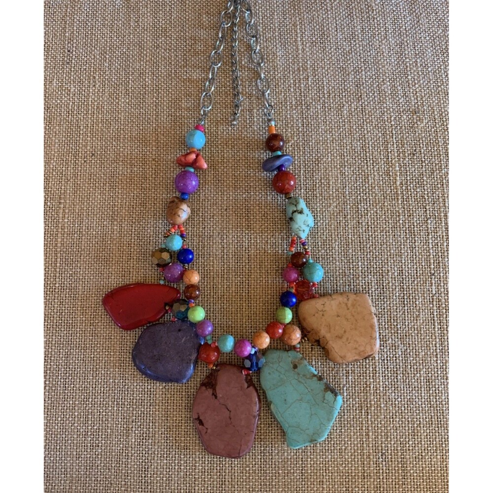 Multi Colored Polished Natural Stone And Synthetic Necklace Boho Artsy Artisan